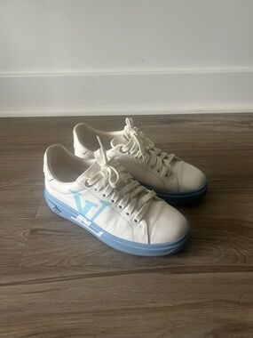 Louis Vuitton White Sneakers with Light Blue Sole and Logo